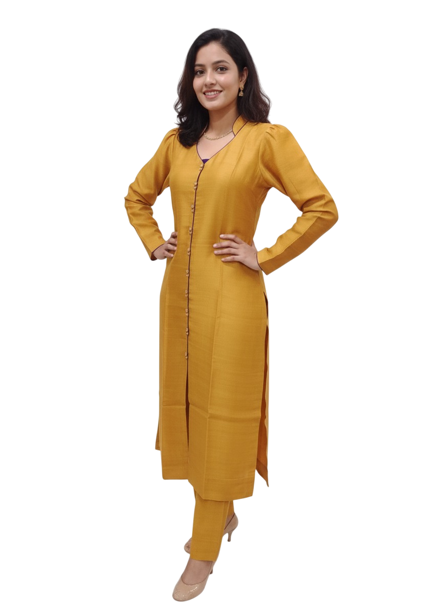 mustard yellow khadi silk kurta set - Image 5