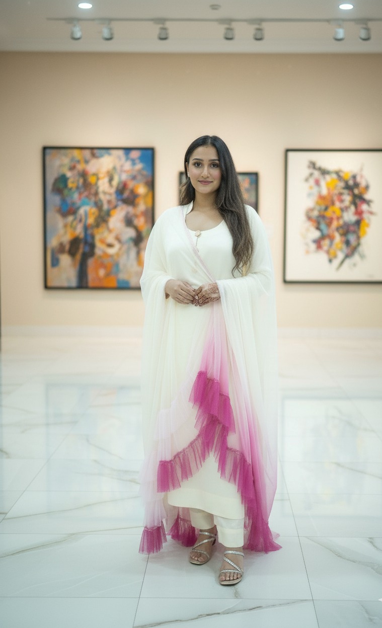 Cream suit with layering dupatta