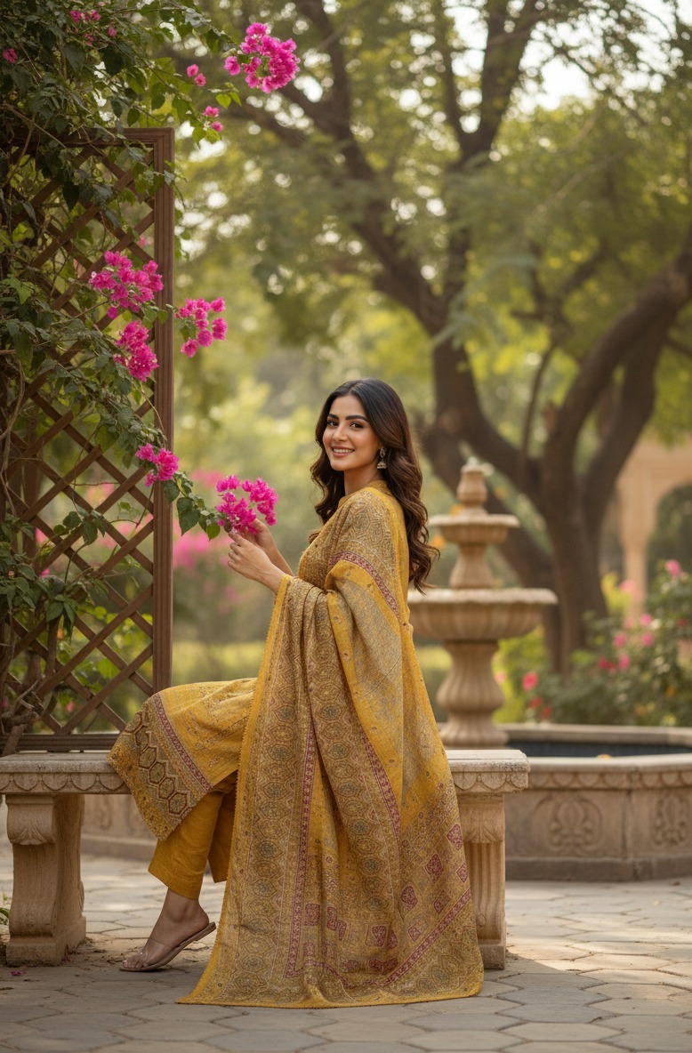 Mustard yellow suit with pant matching dupatta - Image 3