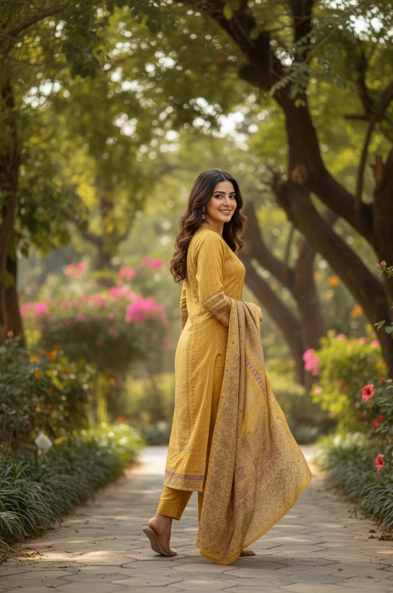 Mustard yellow suit with pant matching dupatta - Image 2