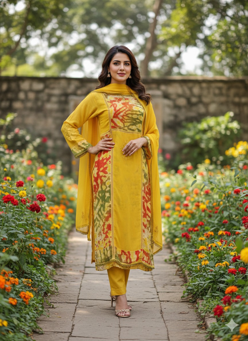 Mustard yellow suit with pant matching dupatta