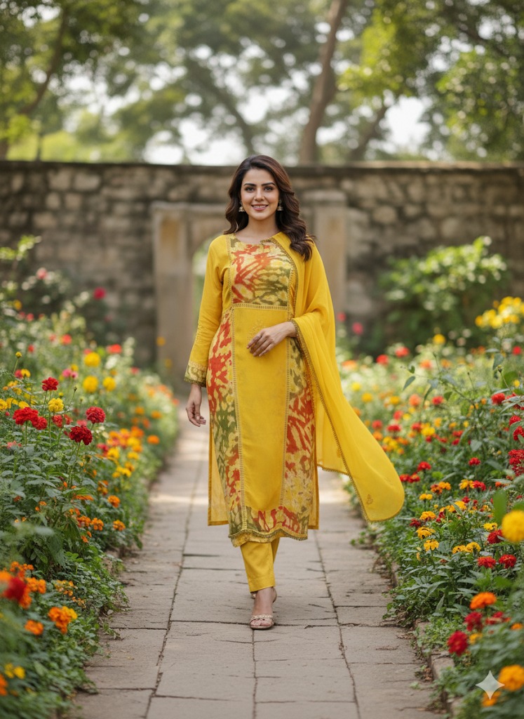 Mustard yellow suit with pant matching dupatta - Image 2