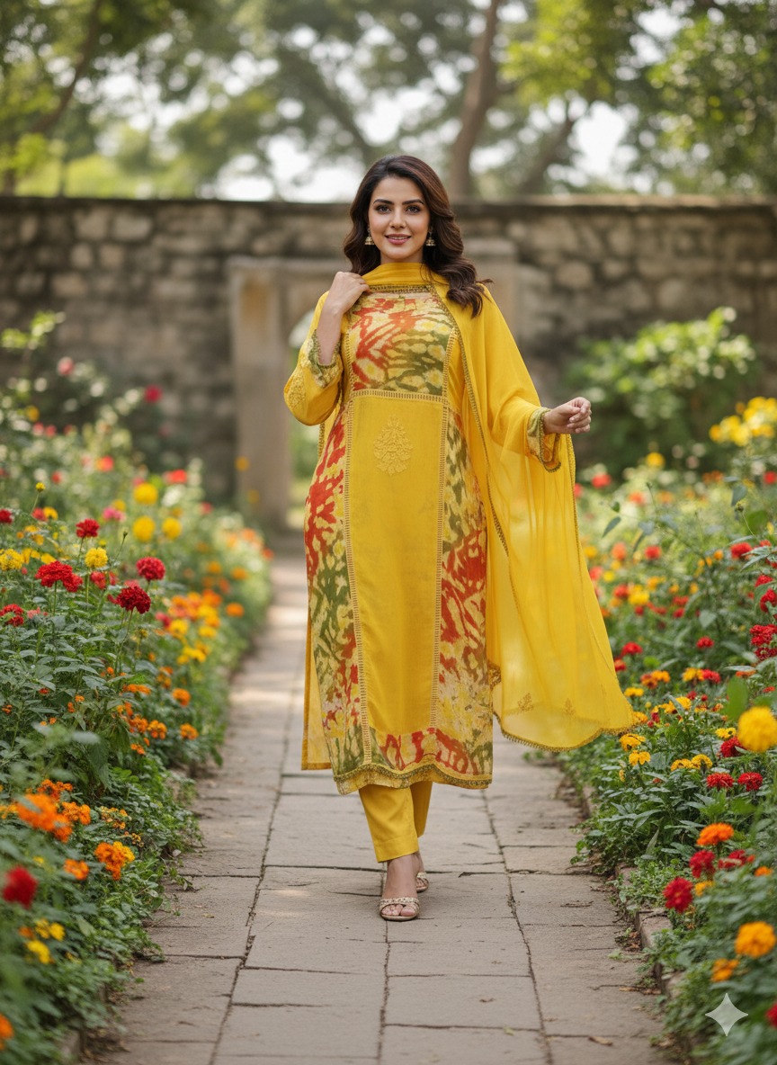 Mustard yellow suit with pant matching dupatta - Image 3