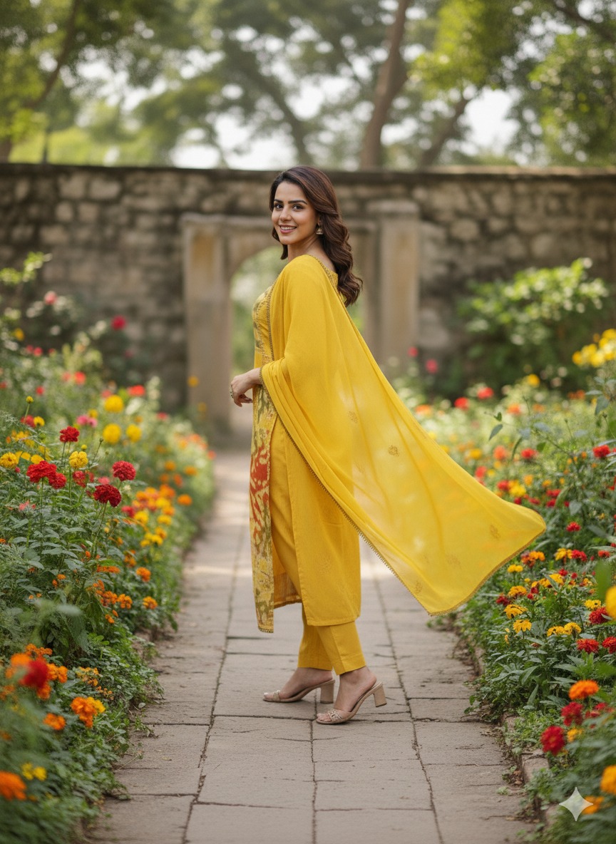 Mustard yellow suit with pant matching dupatta - Image 4