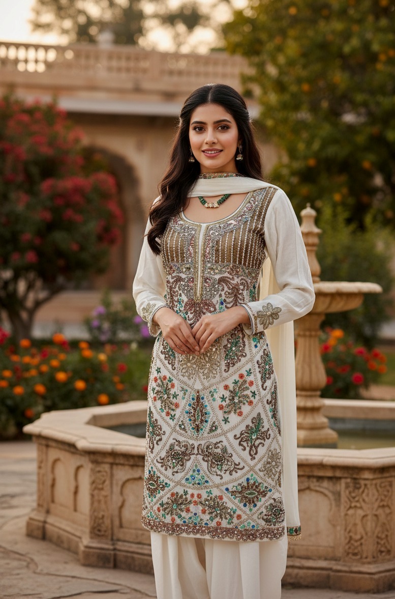 white  suit full embroidery and stone work