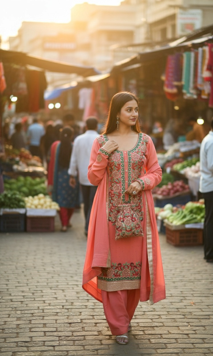 Dark peach red/green floral suit - Image 6