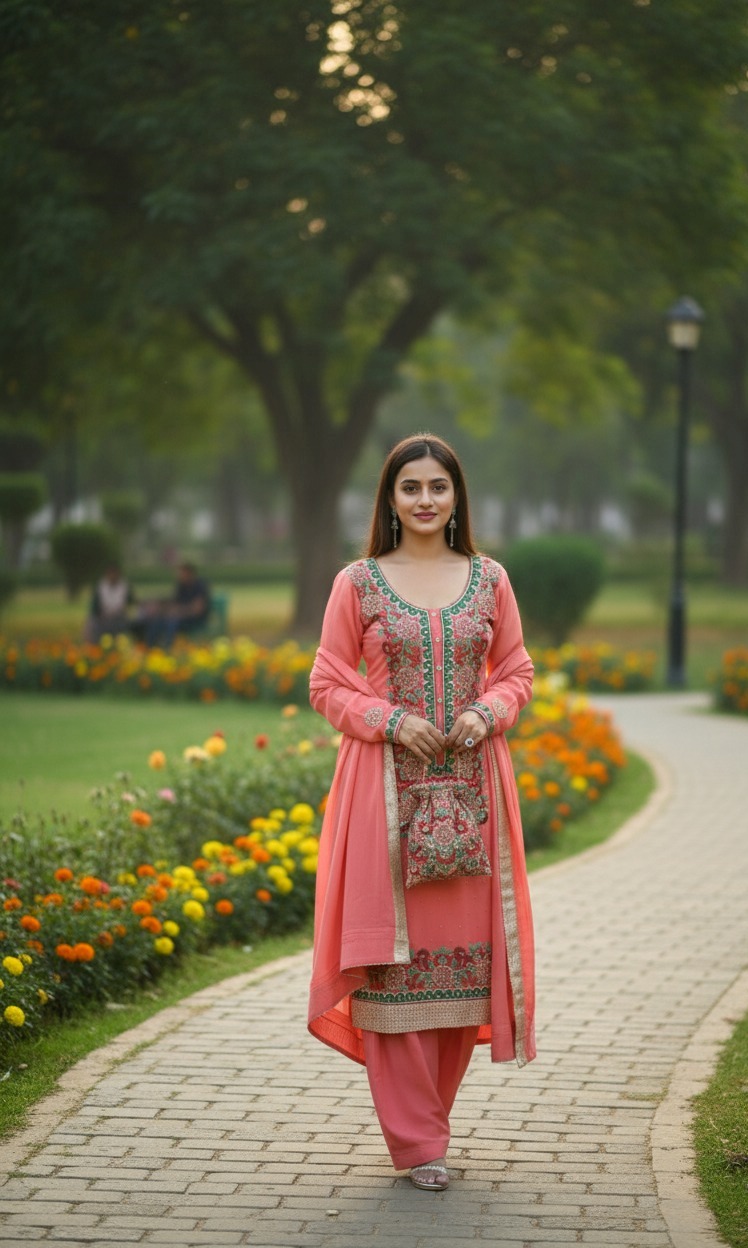 Dark peach red/green floral suit - Image 3