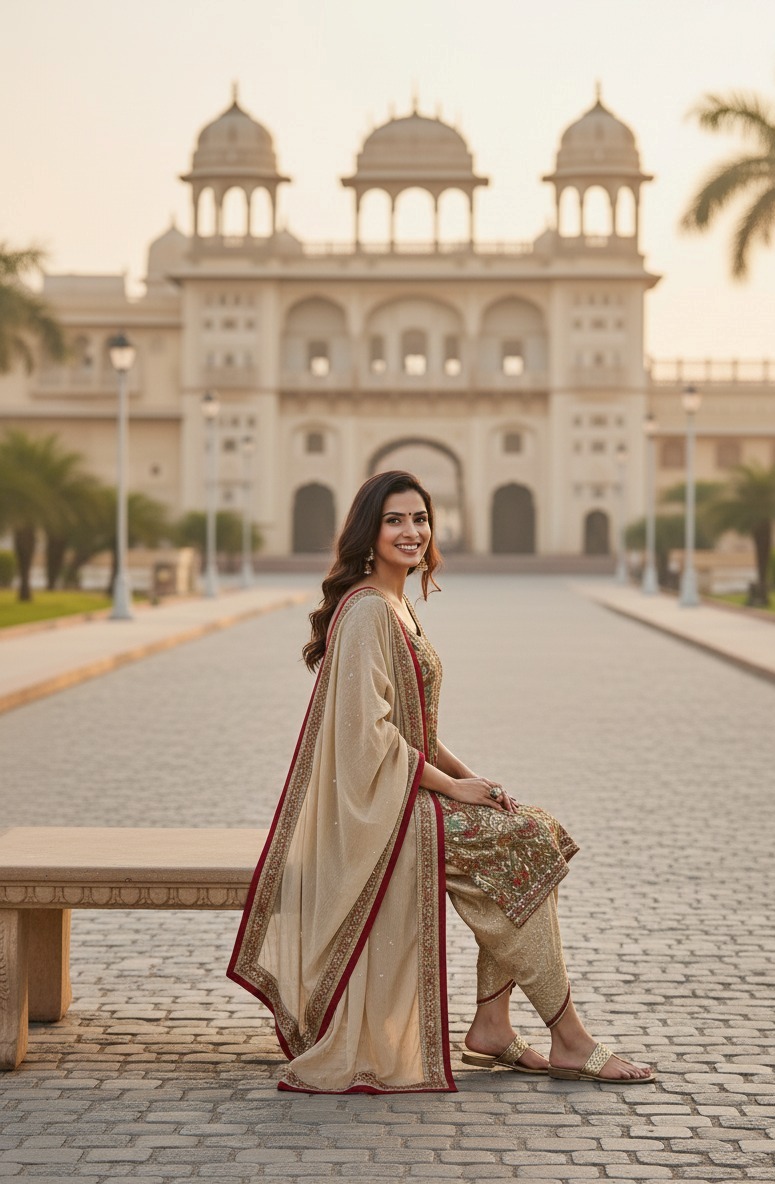 Green suit with golden salwar matching duppata - Image 3
