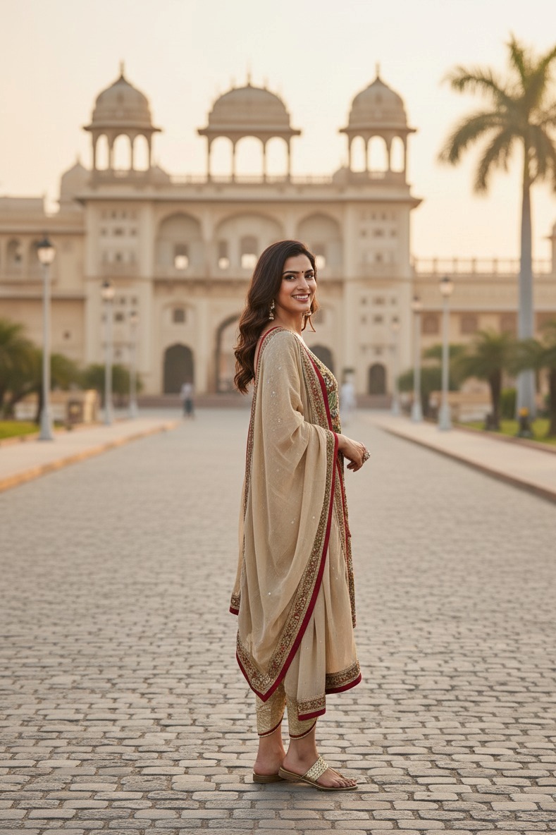 Green suit with golden salwar matching duppata - Image 2