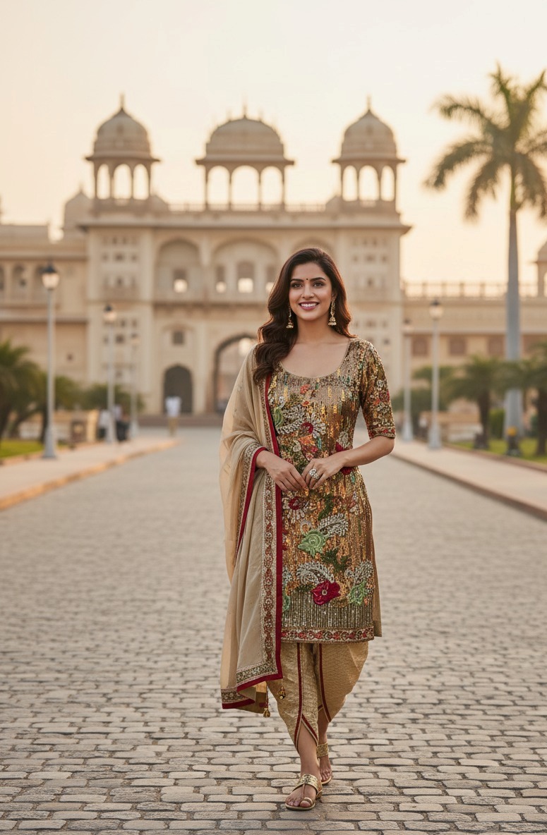 Green suit with golden salwar matching duppata