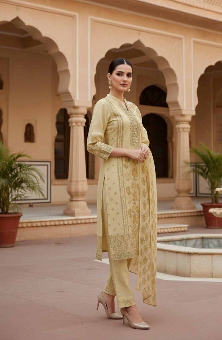 pale yellow suit with pant matching dupatta - Image 6