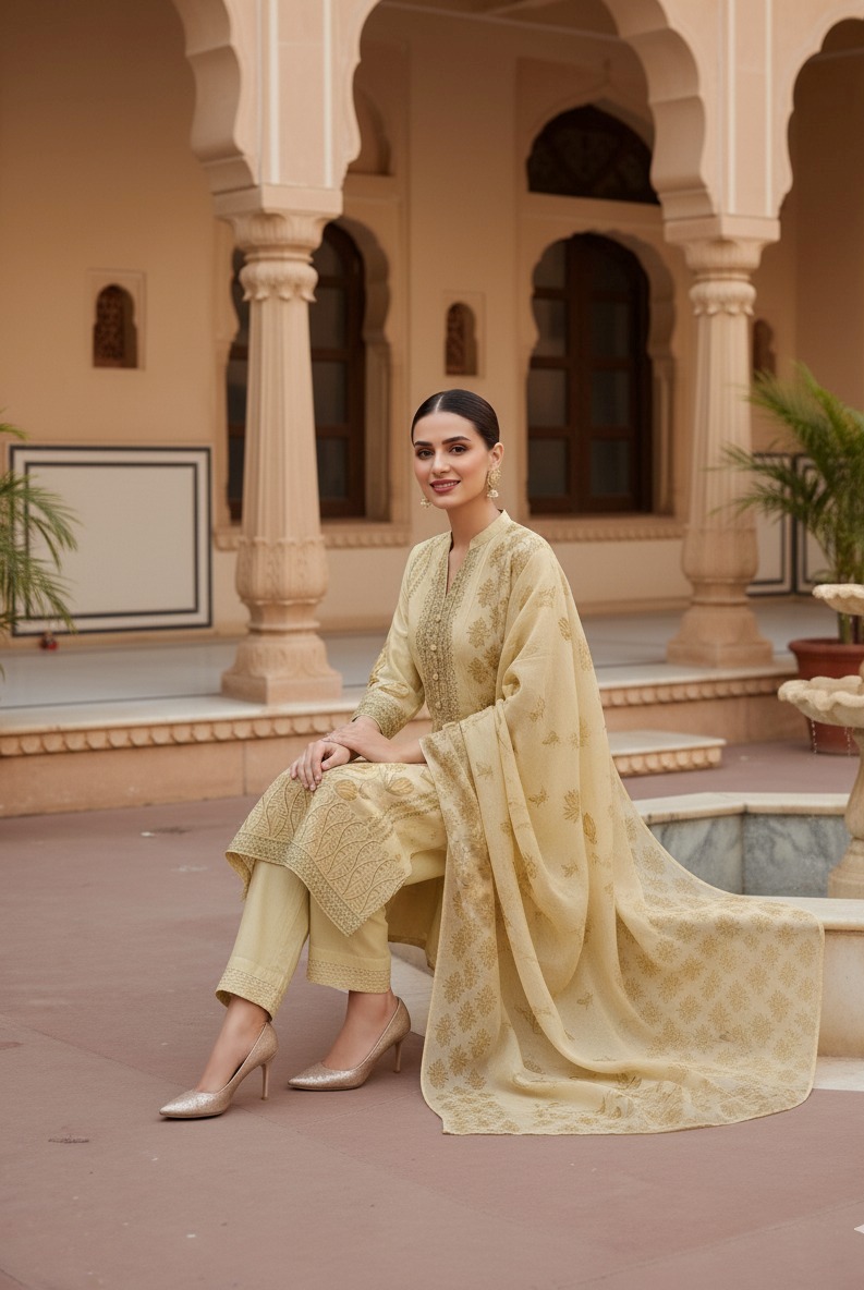 pale yellow suit with pant matching dupatta - Image 5