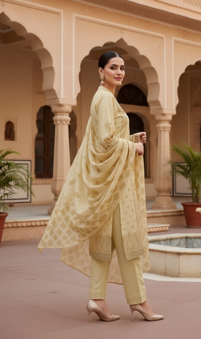 pale yellow suit with pant matching dupatta - Image 4