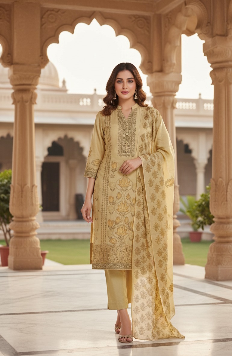 pale yellow suit with pant matching dupatta - Image 3