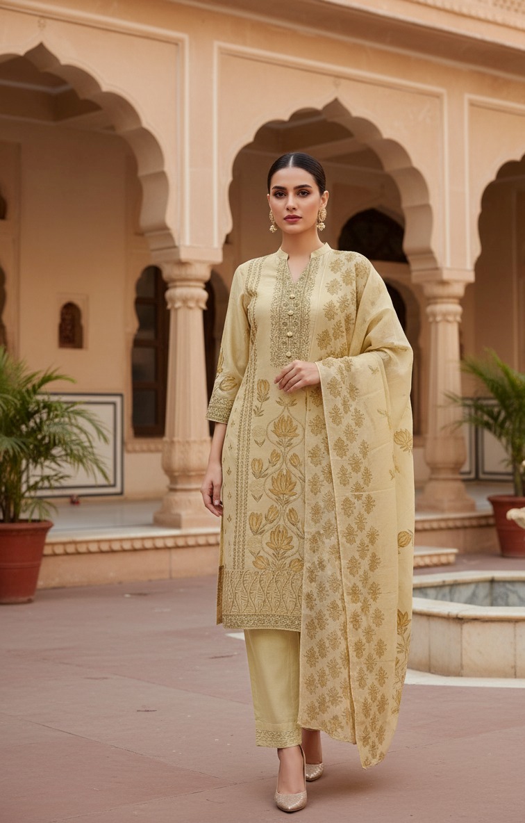 pale yellow suit with pant matching dupatta