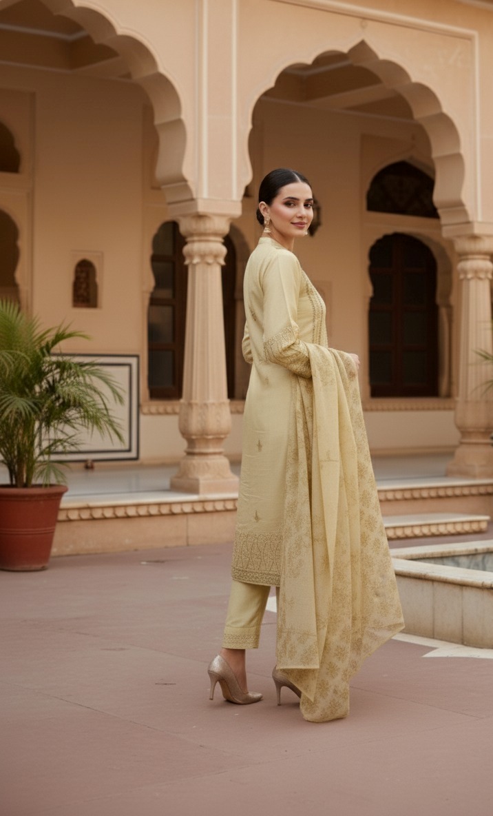 pale yellow suit with pant matching dupatta - Image 2