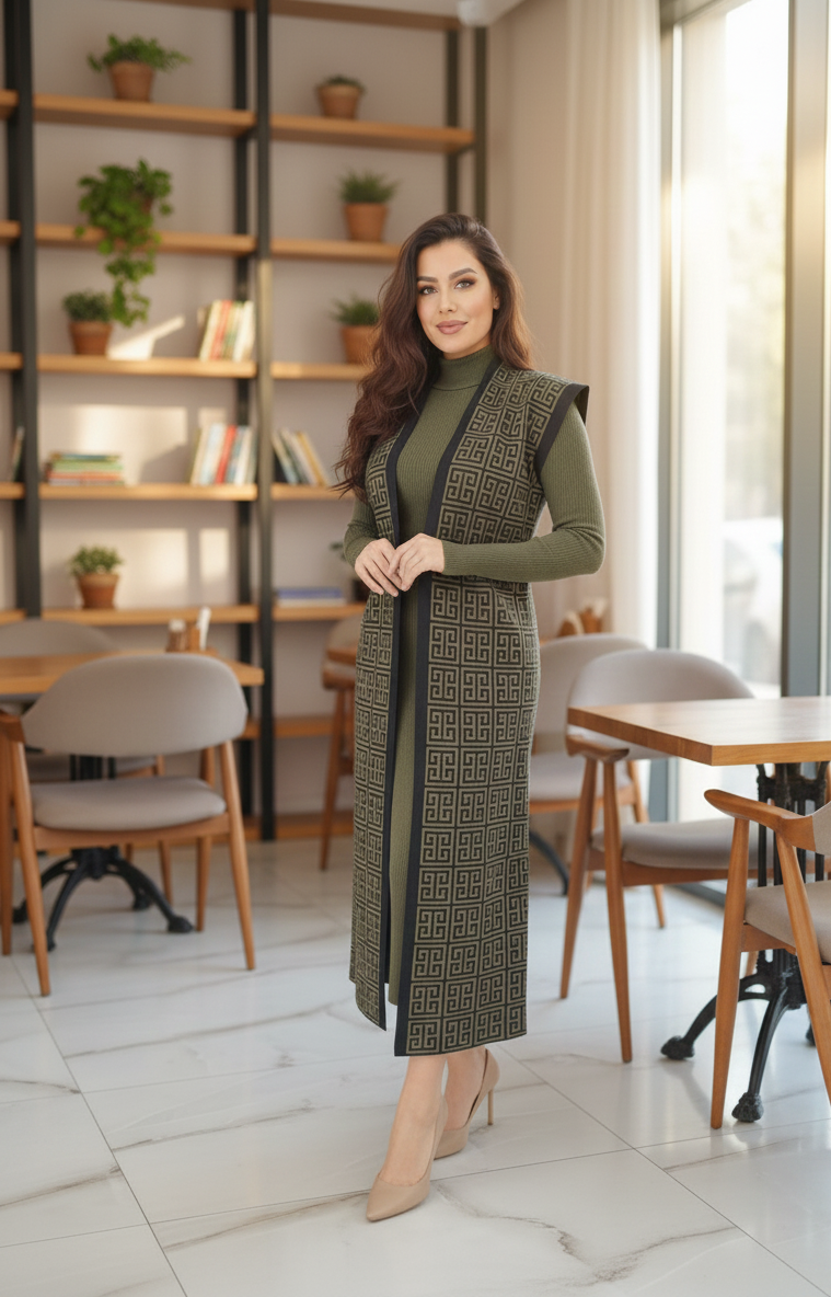 Olive Green Bodycone one Piece with Long Shrug - Image 2