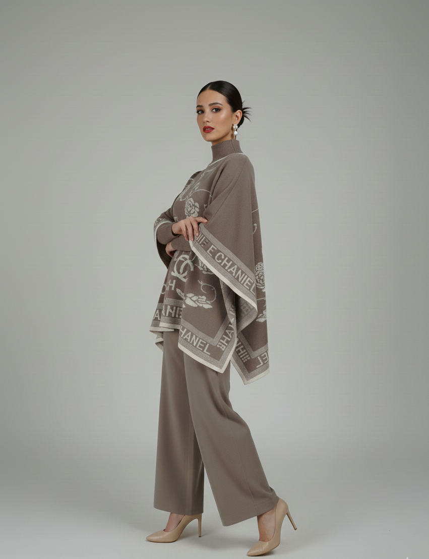 Grey 3 Piece Dress with Ponchu - Image 3