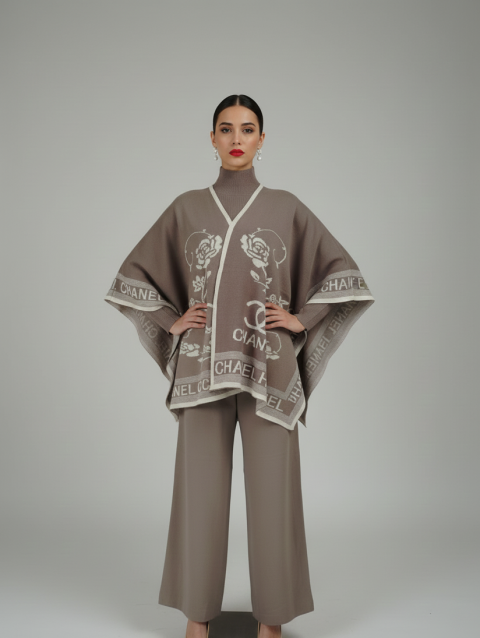 Grey 3 Piece Dress with Ponchu