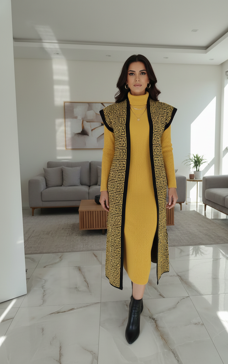 Yellow Bodycone one Piece with Long Shrug