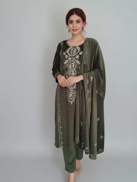 Dark Olive Green Velvet Embroidered Suit