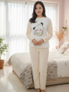 Print Fleece Winter Night Suit for Women-Cream and White