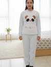 Print Fleece Winter Night Suit for Women-Light Blue and white