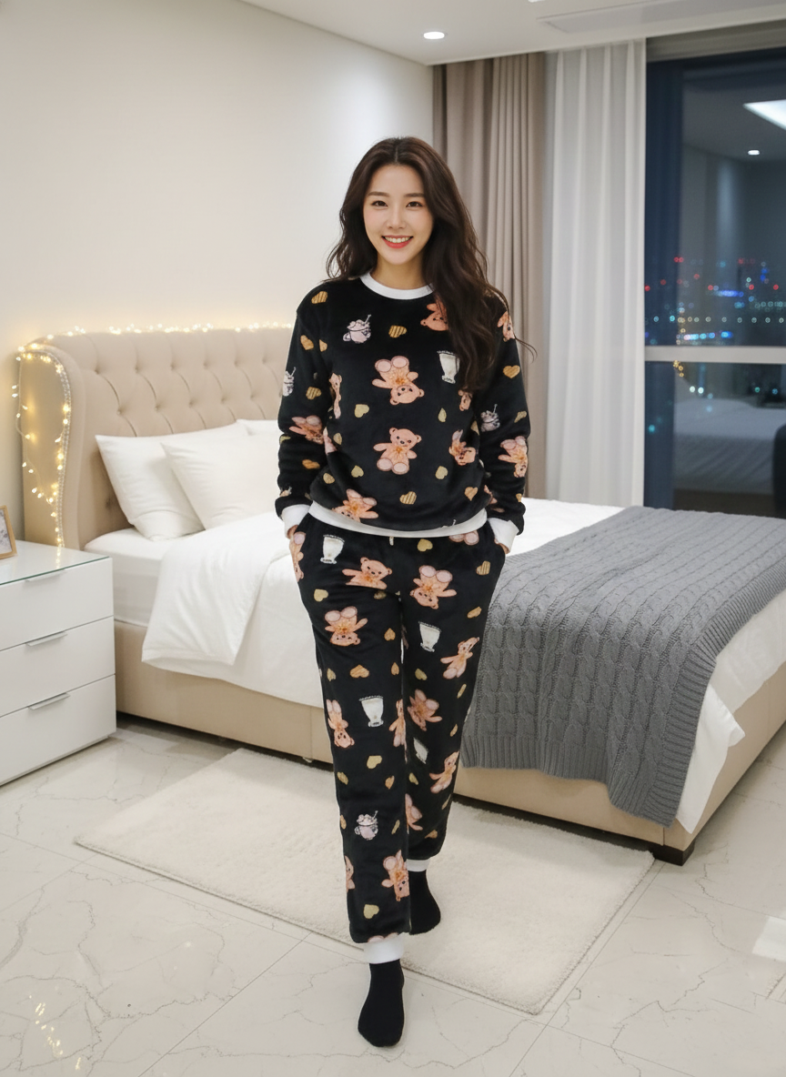 Plush Fleece Night Suit with Pattern-Black - Image 3