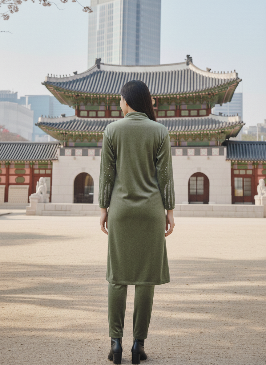 Velvet cord set with zip-Light Green - Image 2