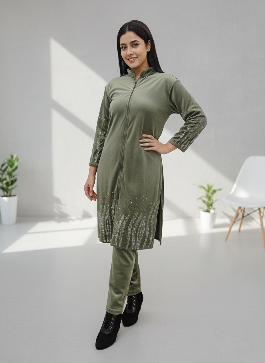 Velvet cord set with zip-Light Green