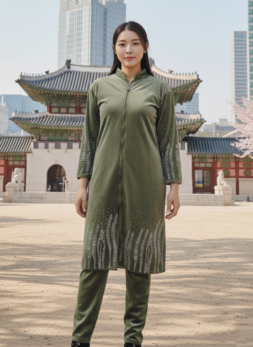 Velvet cord set with zip-Light Green - Image 3