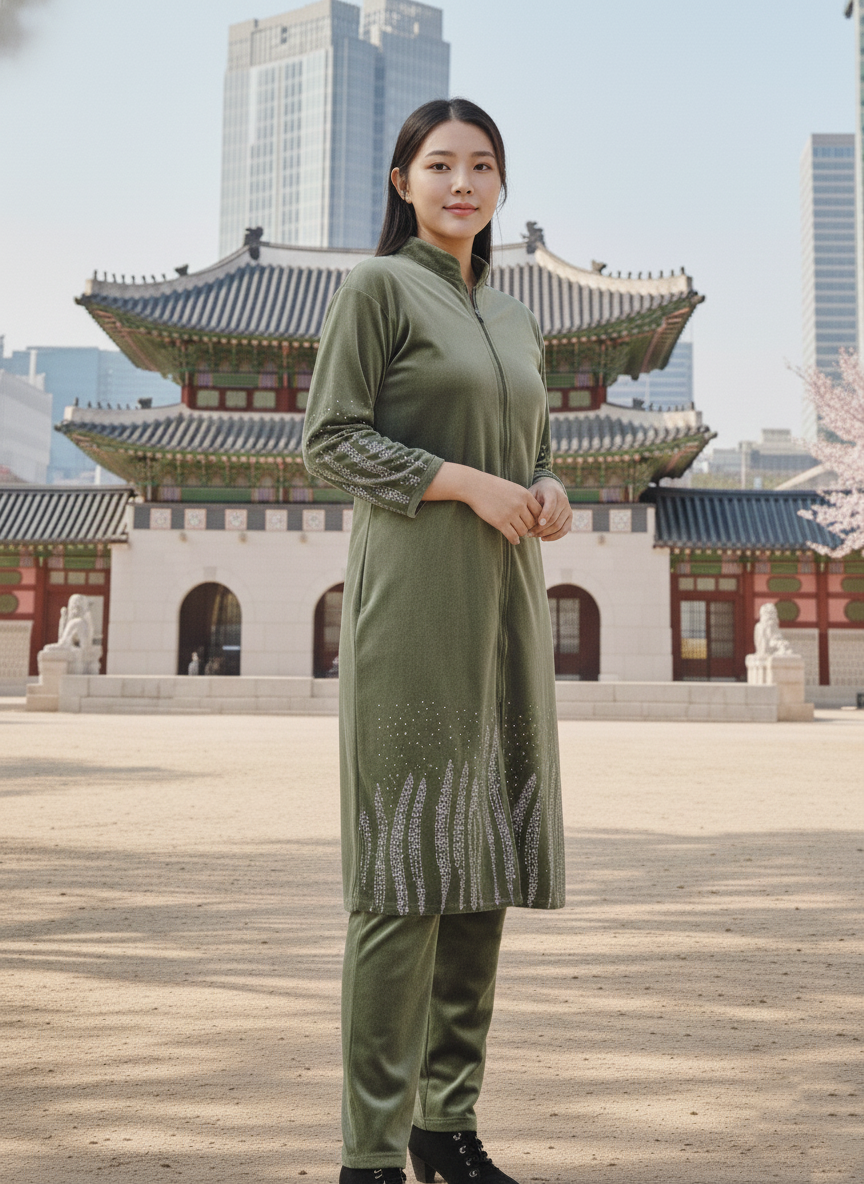 Velvet cord set with zip-Light Green - Image 4