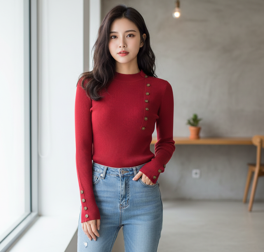 Bold Cherry-Red Ribbed Knit Top