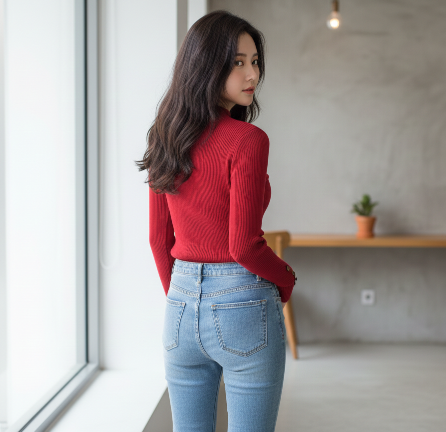 Bold Cherry-Red Ribbed Knit Top - Image 2