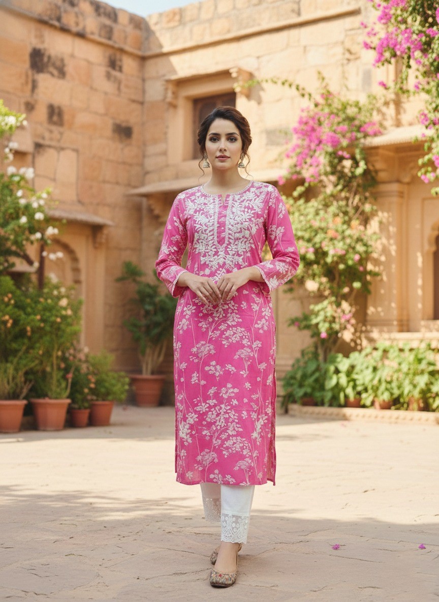 Pink Chikankari Kurti with Palazo bottom net
