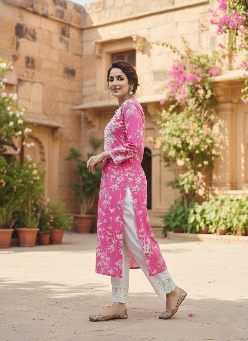 Pink Chikankari Kurti with Palazo bottom net - Image 3