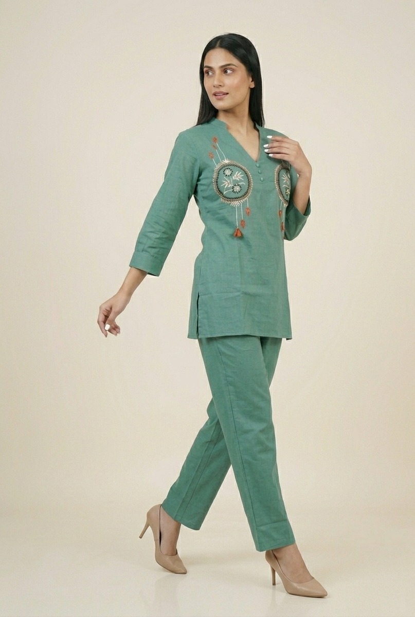 Sage Green Co-ord Set with Floral Embroidery - Image 3