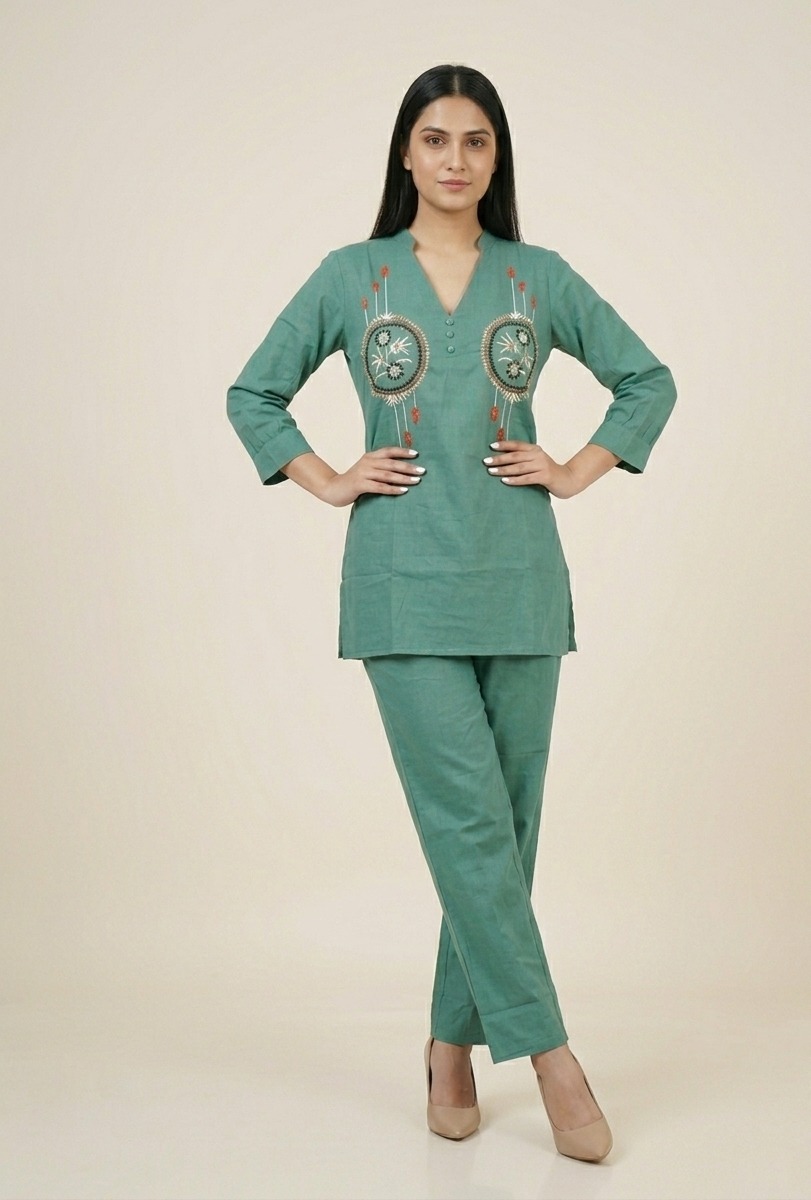 Sage Green Co-ord Set with Floral Embroidery - Image 2