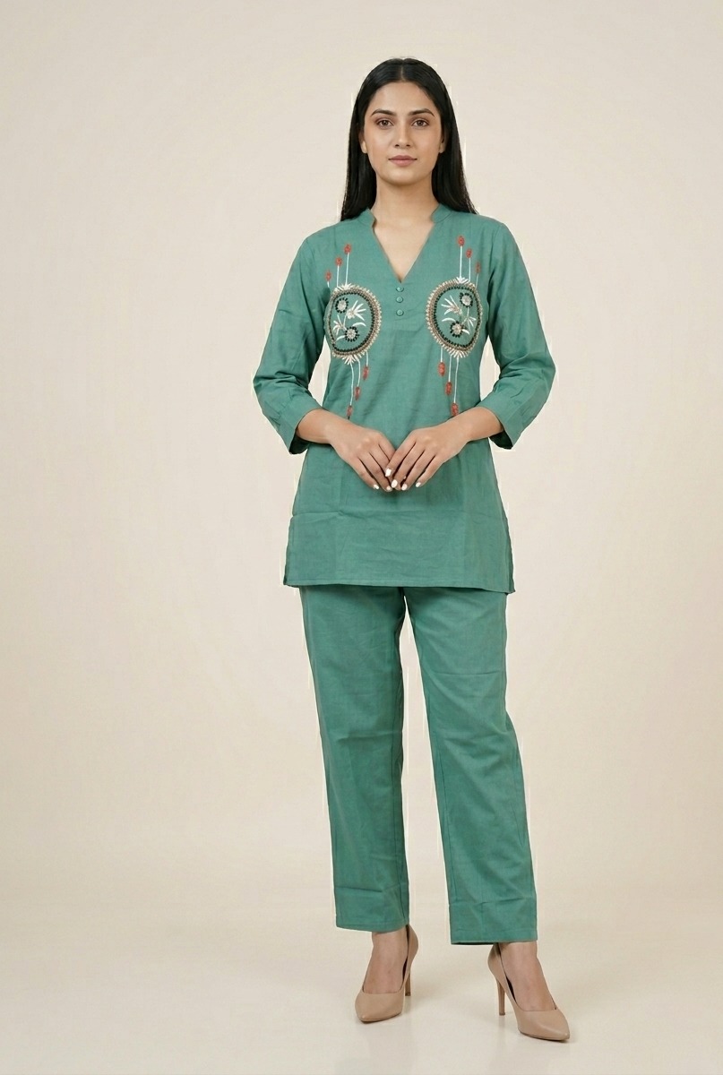 Sage Green Co-ord Set with Floral Embroidery