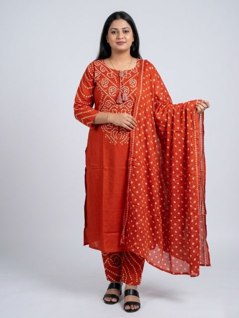Bandhej Print Rust and White Kurta Set