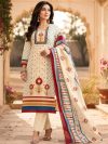 Cream Blue Printed Dupatta Suit